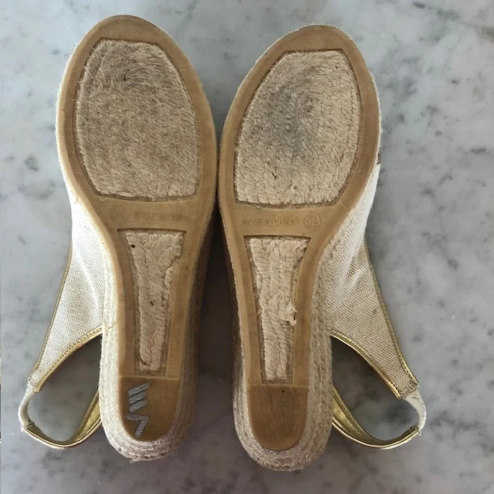 TALBOTS Linen Gold Cross Toe Jute Slingback Wedge Sandals 9 1/2M